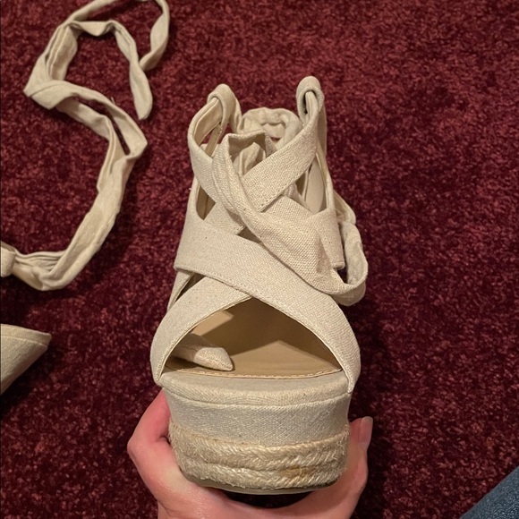 Shoe Dazzle Beige Wedge Sandals With Wrap Tie - Picture 5 of 8